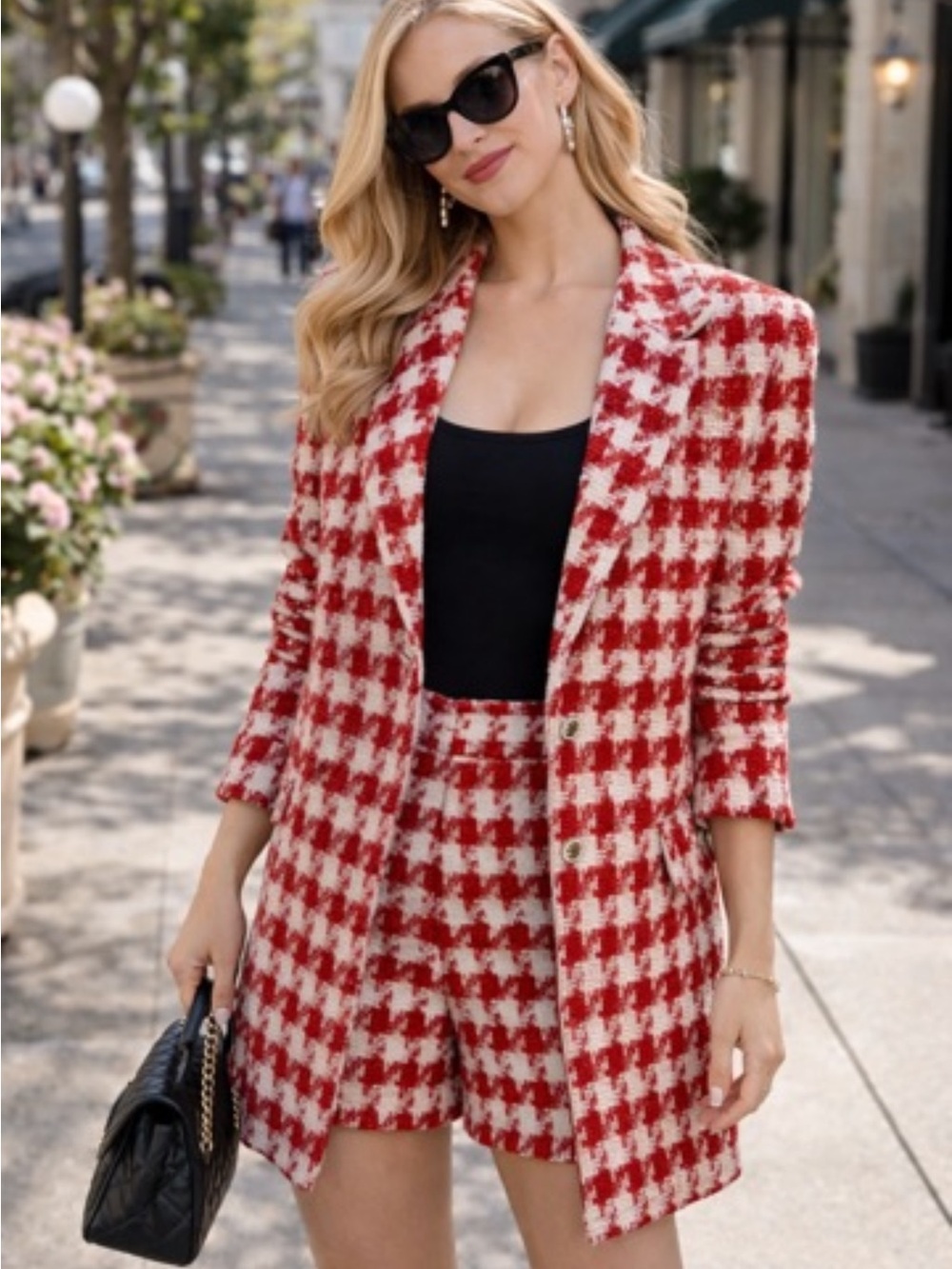 Sandro Red & White Houndstooth Blazer and Short Set